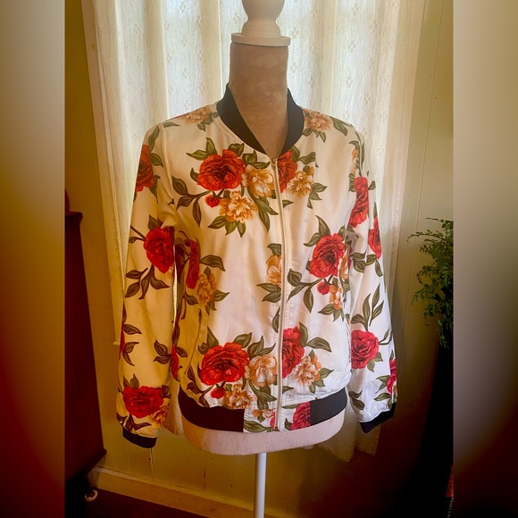 Floral Bomber Jacket - White and Red with Black Trim - Picture 1 of 5